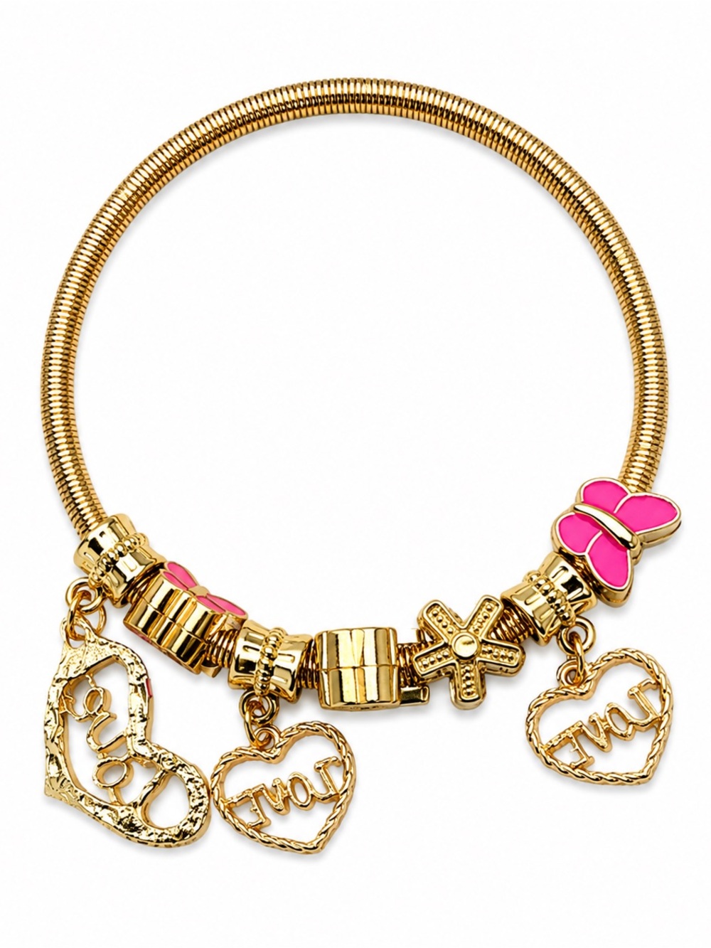 Gold and Pink Charm Bracelet - Love Heart & Butterfly Charm